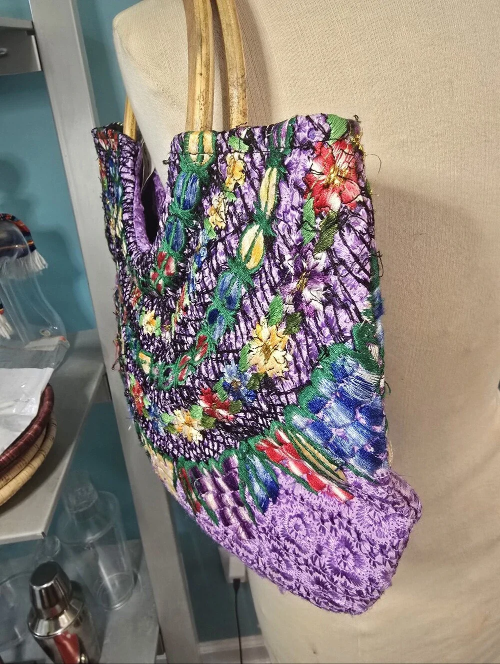 Handwoven Mayan Luna Textiles Purple Embroidered Crescent Tote Bag
